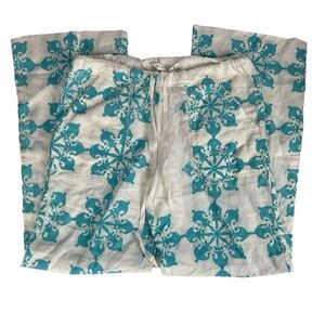 MAX STUDIO White Linen Drawstring Pants with Aqua‎ Stamped Medallion Pattern S